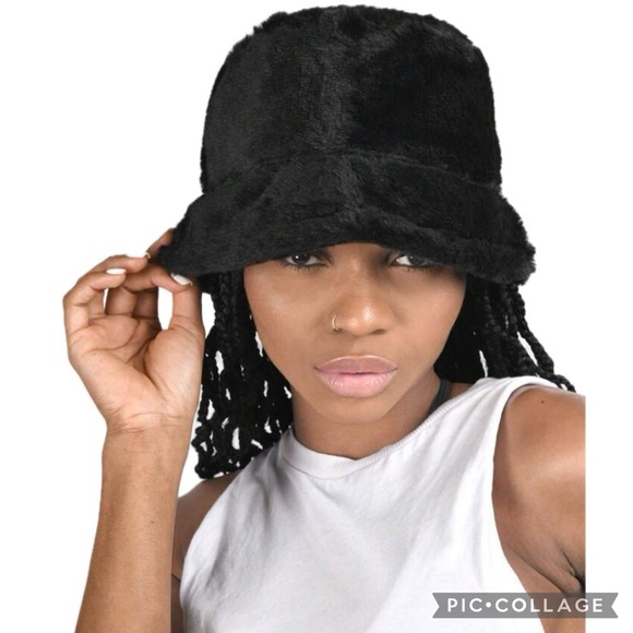 Vintage 90’s-Y2K Black Plush Faux Fur Wide Brim Bucket Hat Buttery Soft - Picture 4 of 17